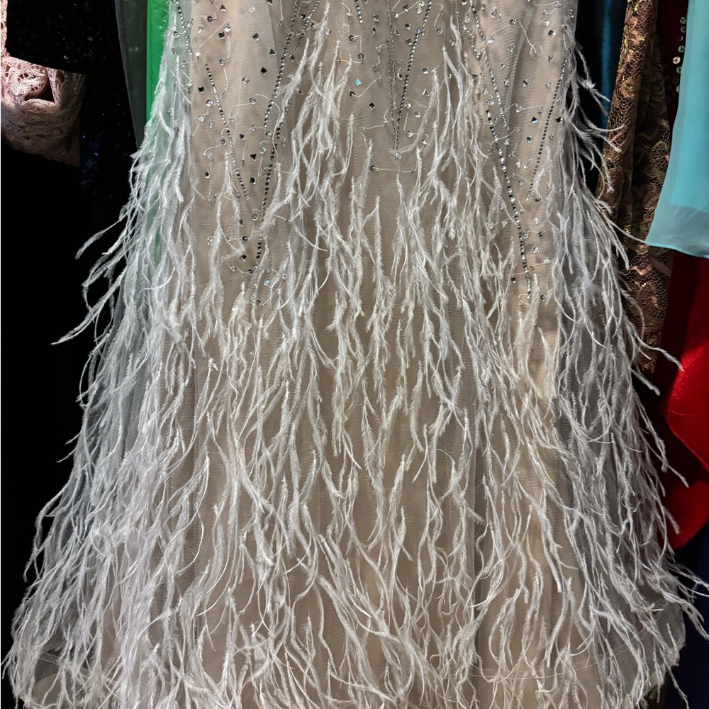 Jovani Silver and Cream Feathered Prom Dress - Picture 5 of 5